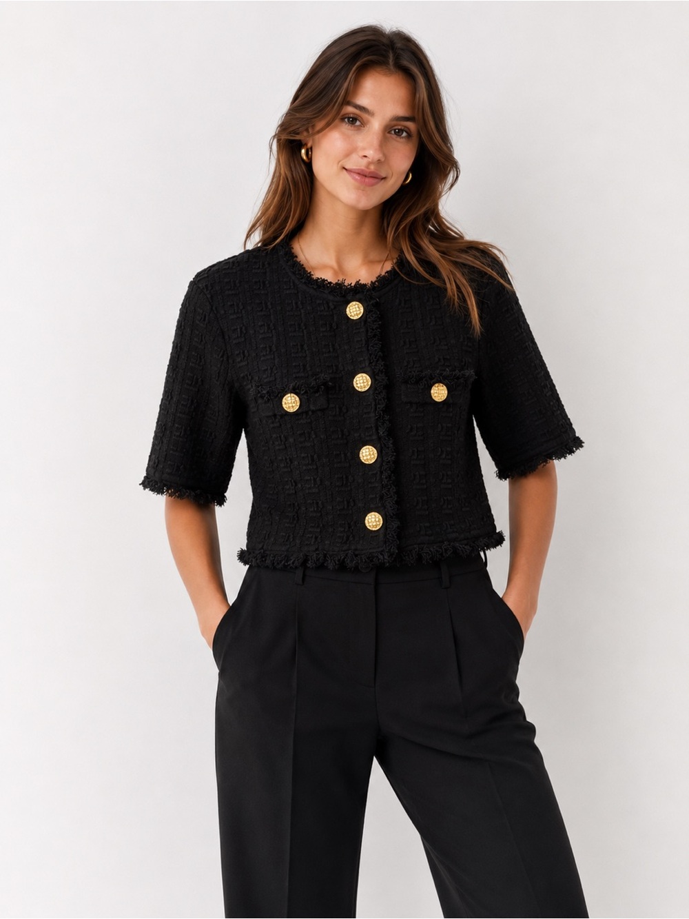 Ronny Kobo Black Tweed Cropped Jacket with Fringe